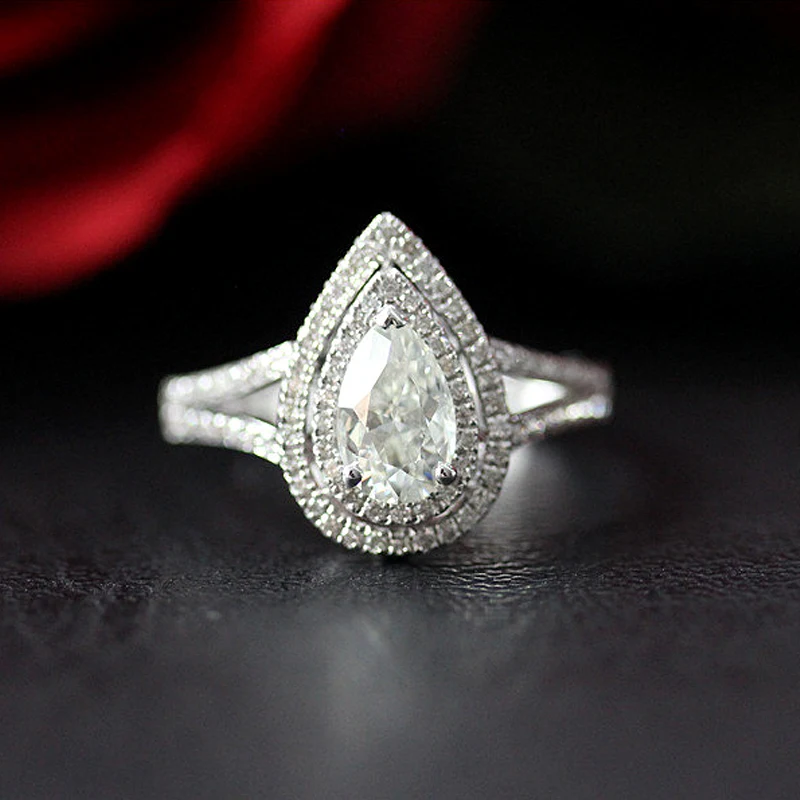 Уникальное обручальное кольцо Double Halo 5x8 мм Огранка груши бриллиантовое Moissanite 14K