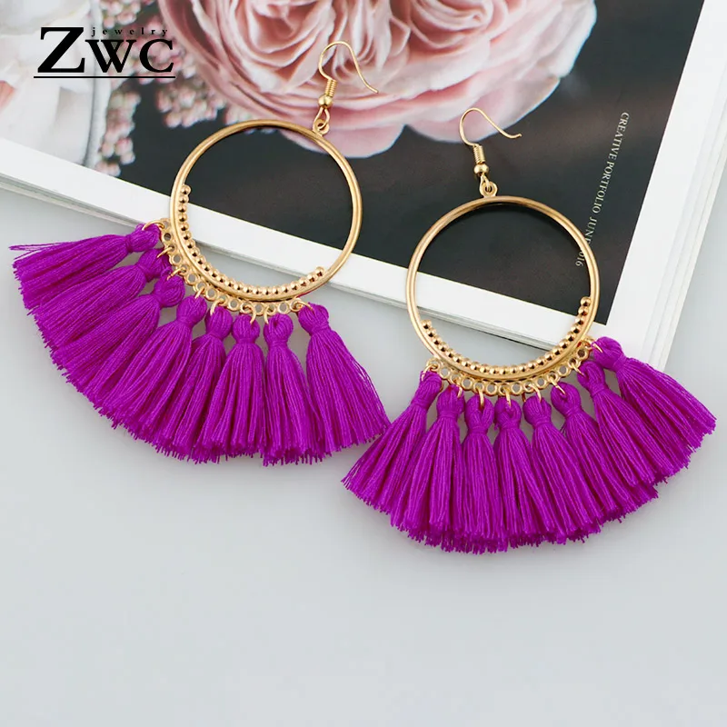 purple 1 ZWC богемные массивные круглые большие серьги с кисточками для женщин, национальные красные черные винтажные длинные серьги ручной работы с бахромой, ювелирные изделия - Metal Color: purple 1