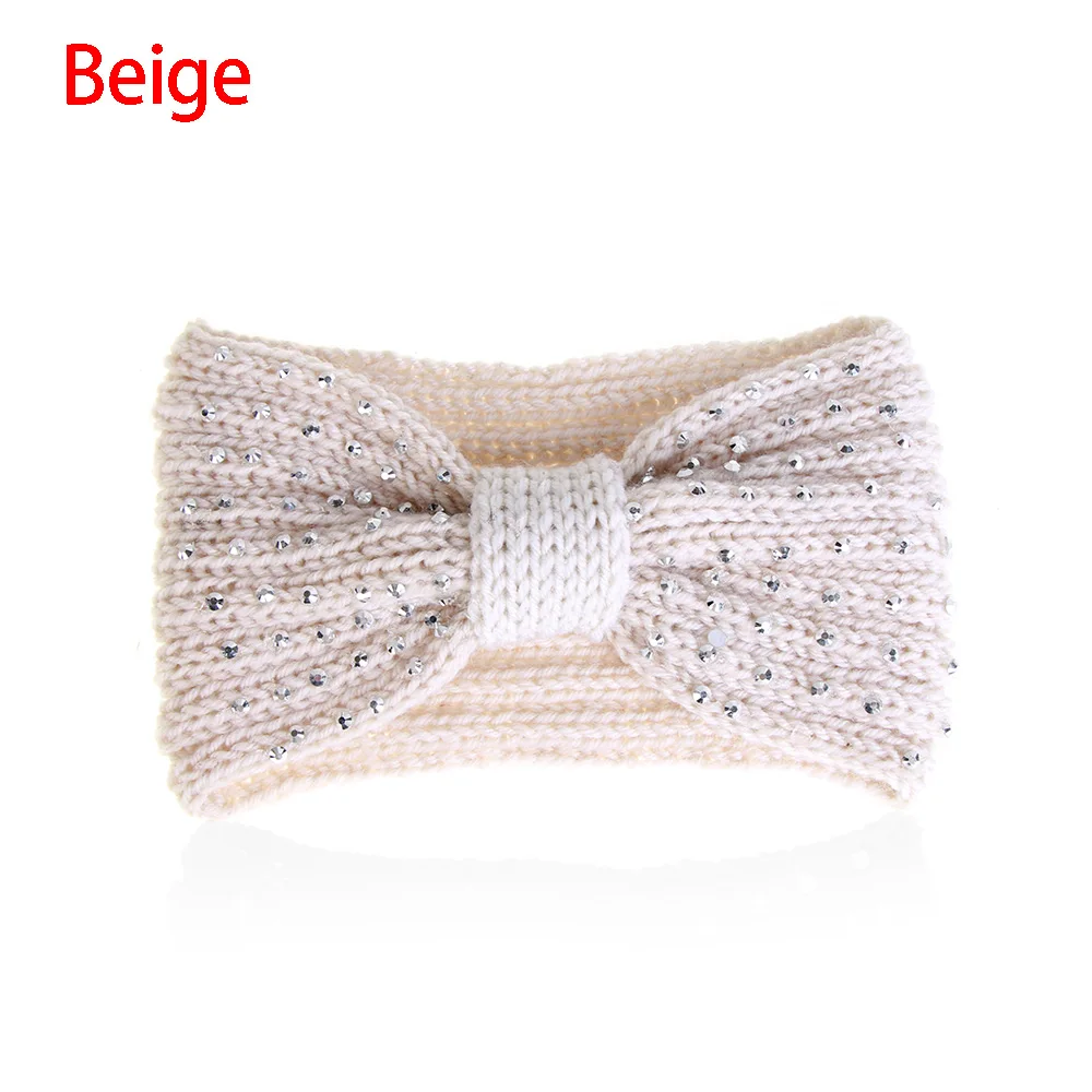 beige 1 шт. зимние теплые уши крючком вязанная повязка бант Стразы головные уборы с бисером для женщин девочек Тюрбан повязка на голову обруч аксессуары для волос - Цвет: beige