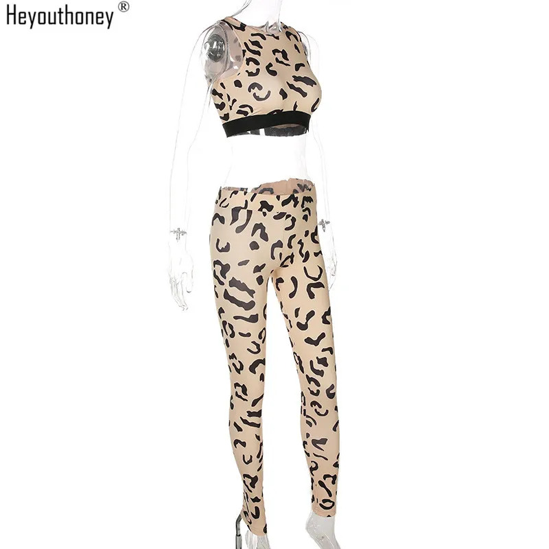 Heyouthoney 2018 leopard print casual sexy sleeveless vest tank crop top women leggings pant suit two pieces sets | Женская одежда