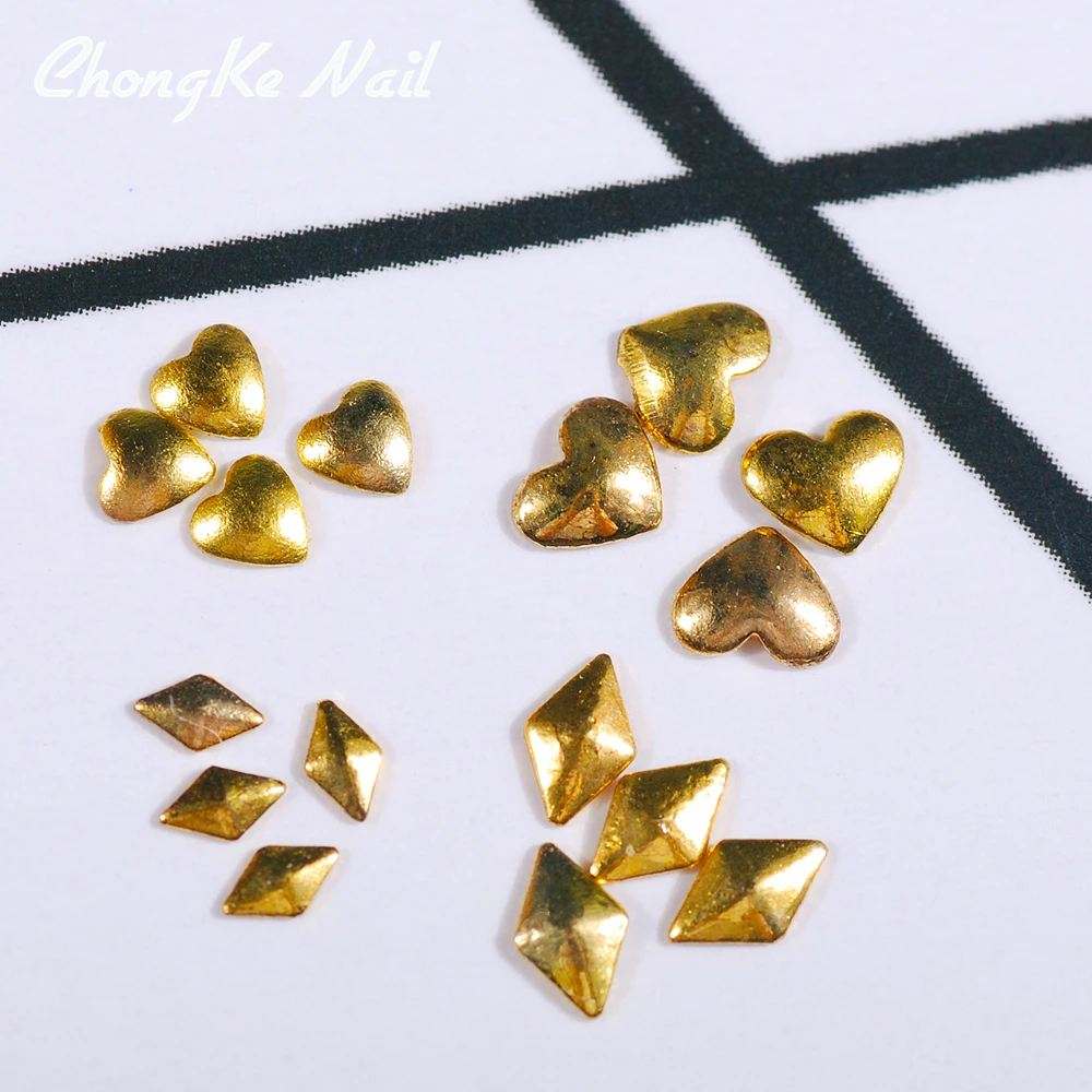 500pcs/Pack 3D Golden Glossy Rhombus Heart-shaped Rivet Nail Studs DIY Metal Thin slice Manicure Decoration Accessories | Красота и