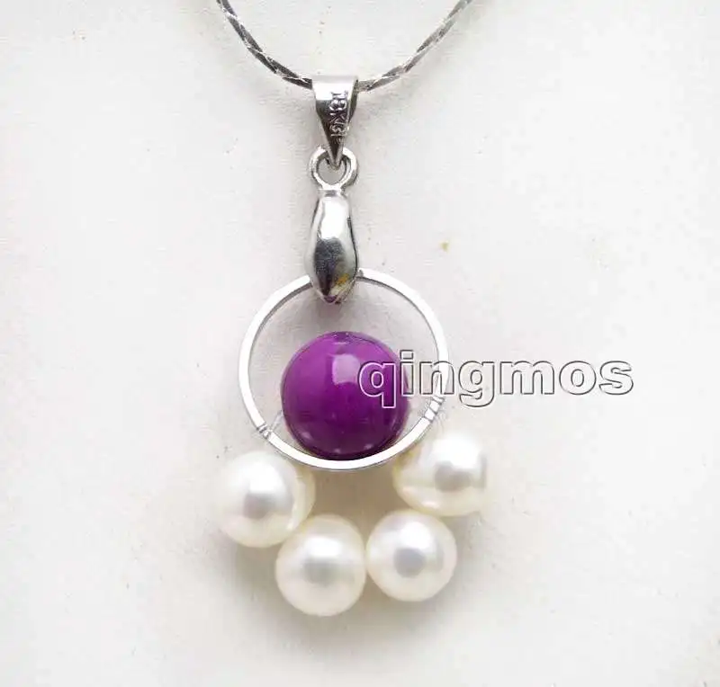 6-7mm white Natural pearl and 8mm Sugilite with 14mm metal Round Free silver plate cord 17&quot necklace-6402 | Украшения и