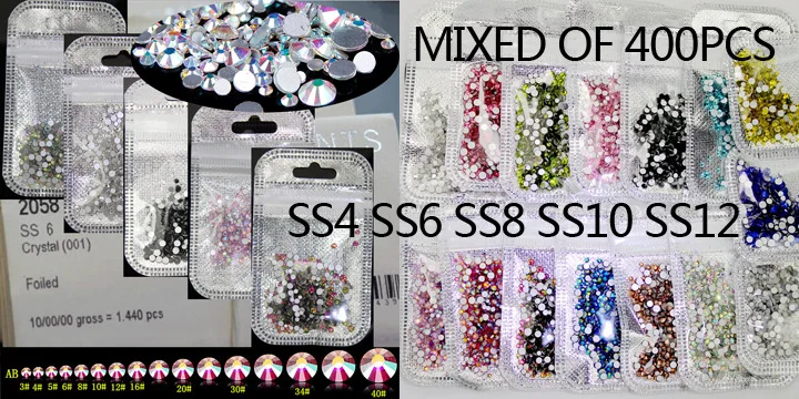 Смешанные ss4-ss12 400 шт/упак. круглый плоский задник без горячей фиксации блестящие