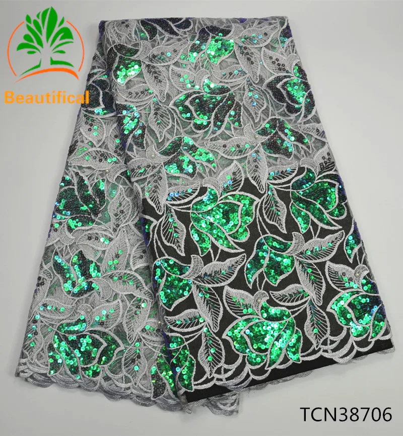 

Beautifical African Organza Lace Fabric High Quality Gold Nigerian Sequins Lace Fabric 5Yards For Wedding TCN387