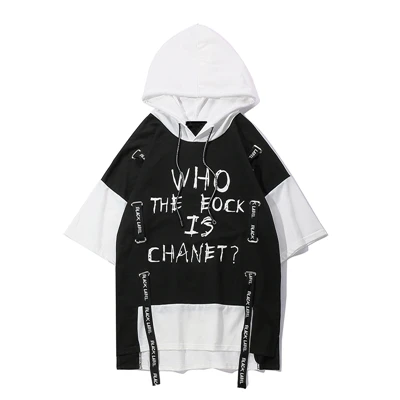 TB002 black Мужская Новая летняя футболка с капюшоном с надписями в стиле Харадзюку, хип-хоп, с лентами, с коротким рукавом, толстовки, футболки, уличная одежда - Цвет: TB002 black