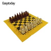 easytoday new chess games set table games synthetic leather chessboard resin chess pieces china terracotta warriors modeling