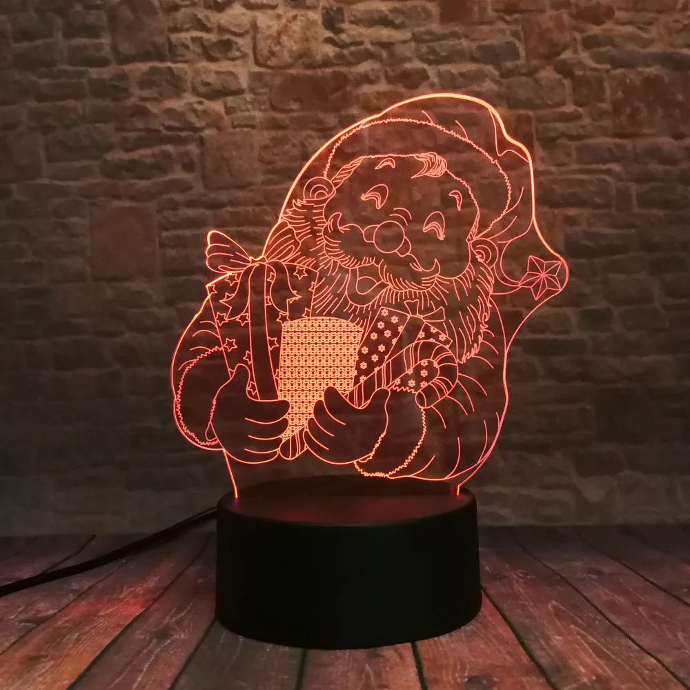 Новый мультфильм Рождество Санта Клаус 3D LED ночник 7 видов цветов USB голограмма