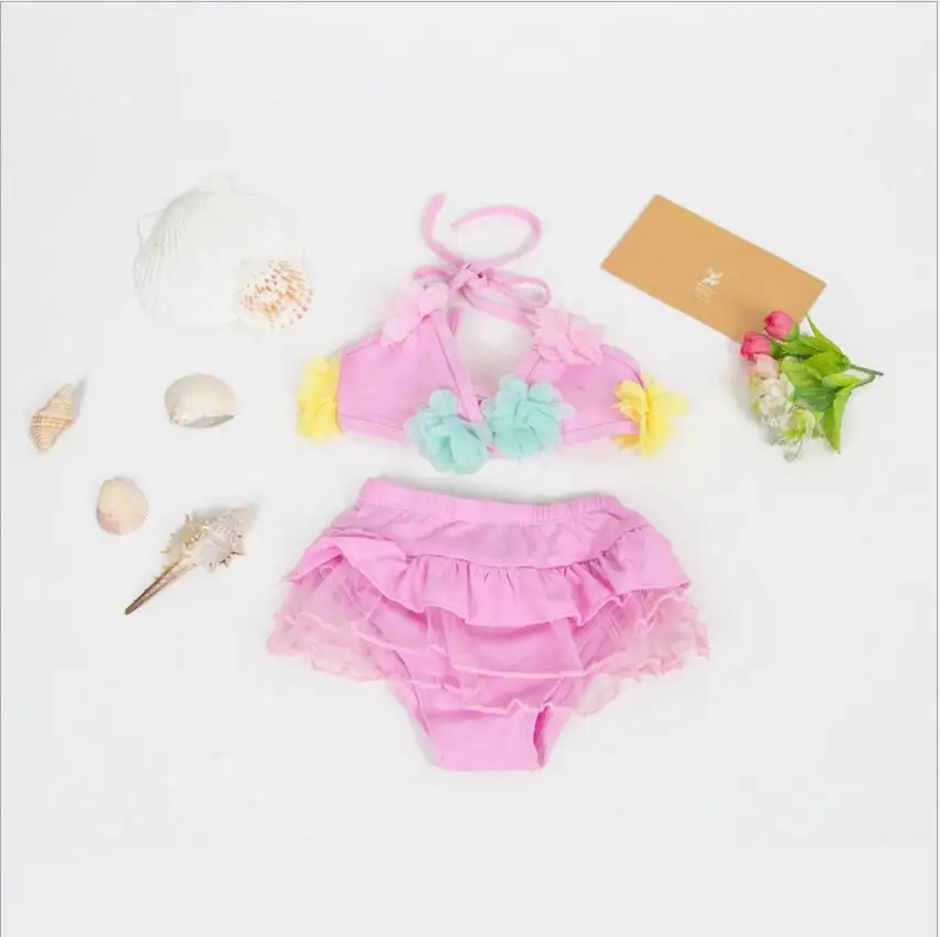 Pink 2 Swimwear Летний купальник для девочек, однотонные детские купальные костюмы, biquini infantil, купальники, falbala, купальник-бикини для девочек - Цвет: Pink 2 Swimwear