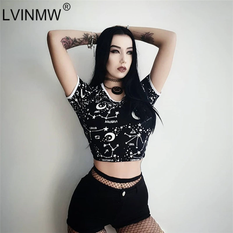 LVINMW сексуальный черный с принтом галактики короткий рукав укороченный топ 2019