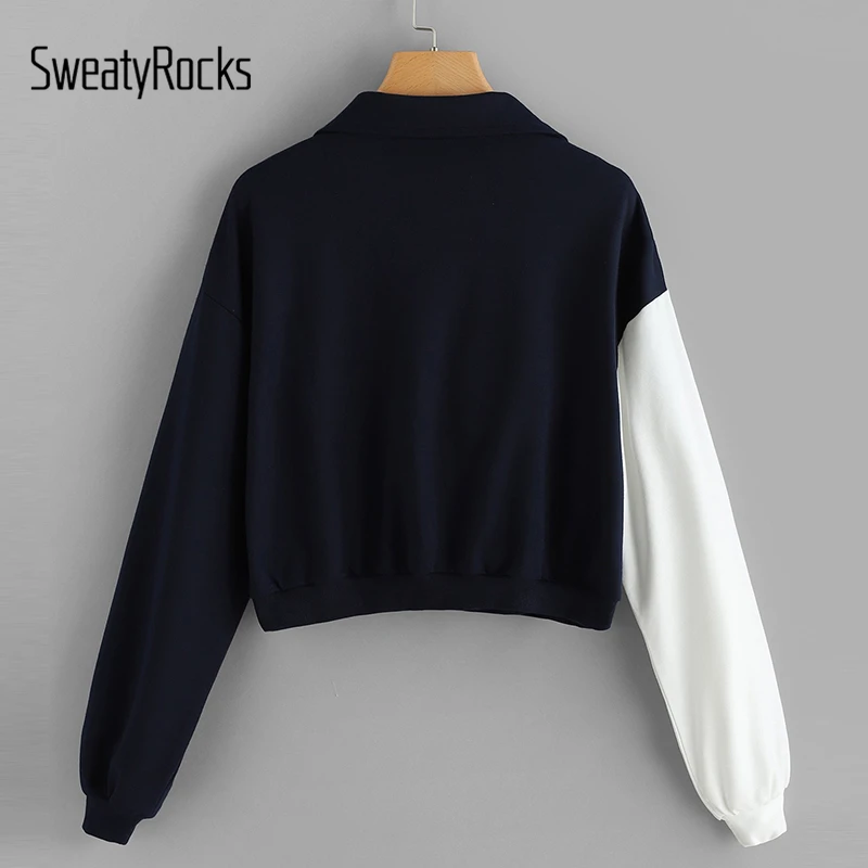 Свитер с цветными блоками на молнии с четвертью SweatyRocks, женская уличная Толстовка с длинным рукавом и стоячим воротником, укороченный пуловер, топы, повседневные толстовки