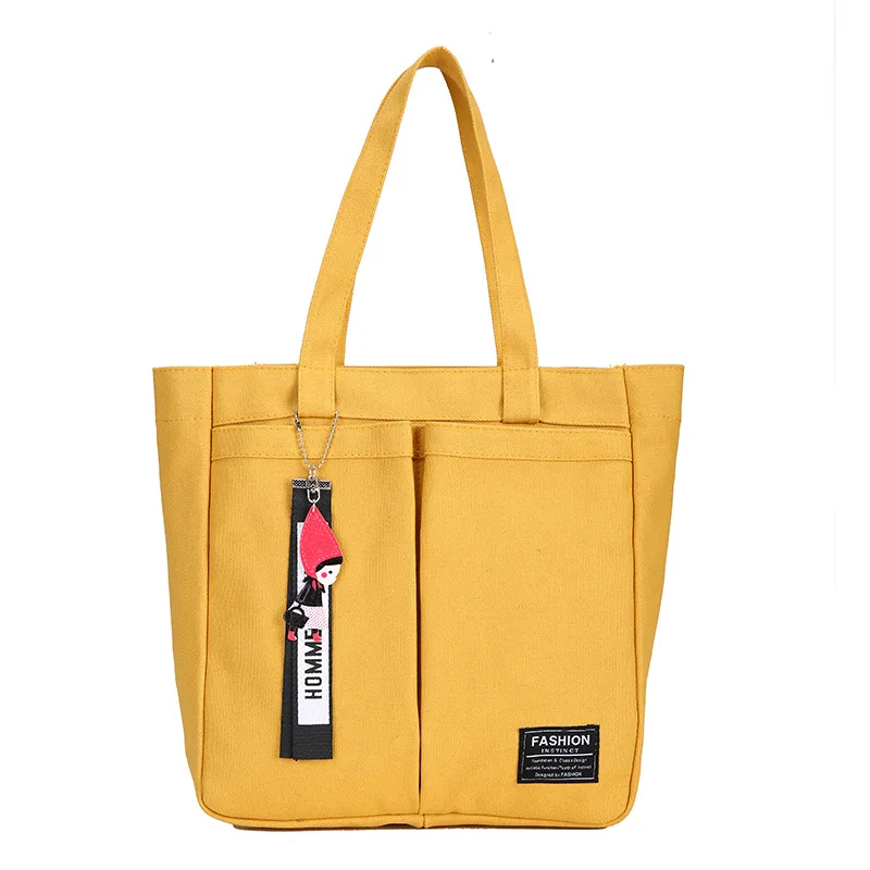 

New Women Canvas Tote Bags Handbag With Open Pocket A little Girl Pendant Solid School Bags For Teenage Girls Party Shoulder Bag