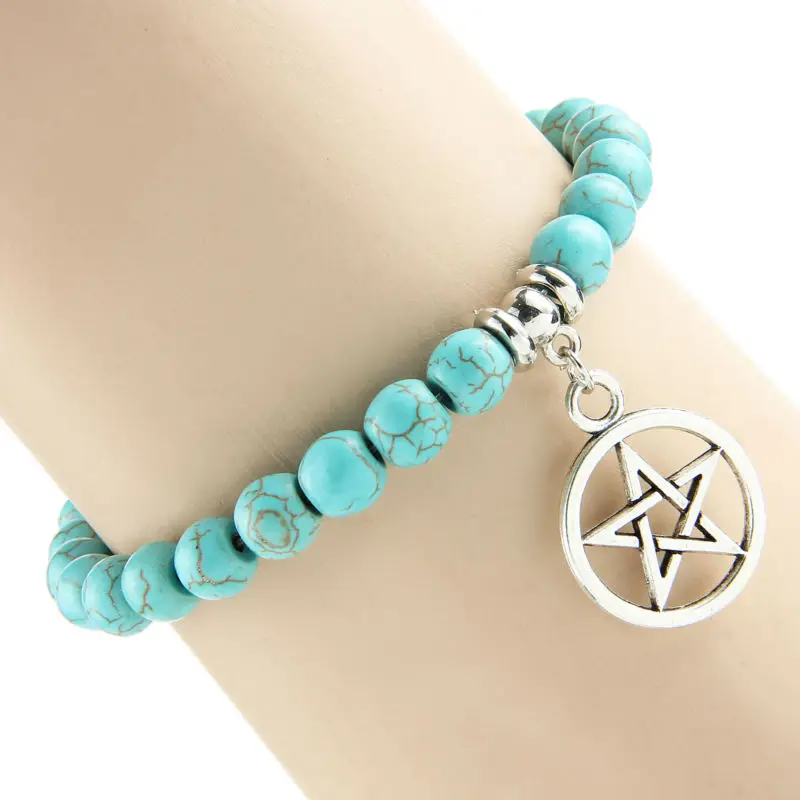 Exquisite Pentagram Star Charms Bracelet Natural Stone Blue Beads Chain Bangle Family Friends Bracelets Women Men Jewelry Gifts | Украшения