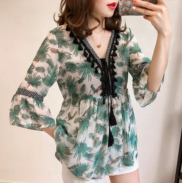 Женская шифоновая блузка свободного кроя с принтом женские топы расклешенными