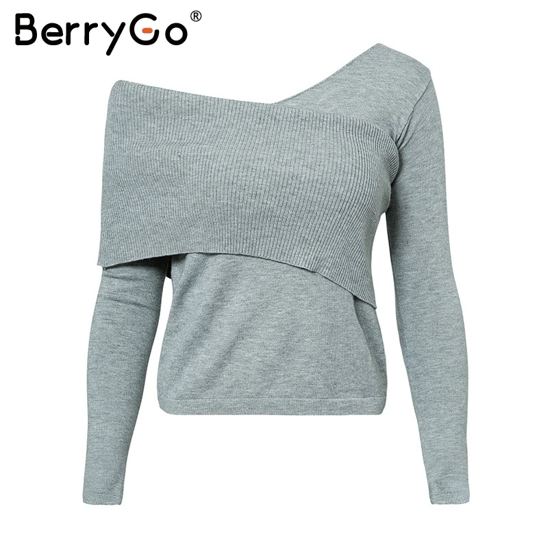Вязаный женский свитер BerryGo с v-образным вырезом и одним плечом мягкий теплый