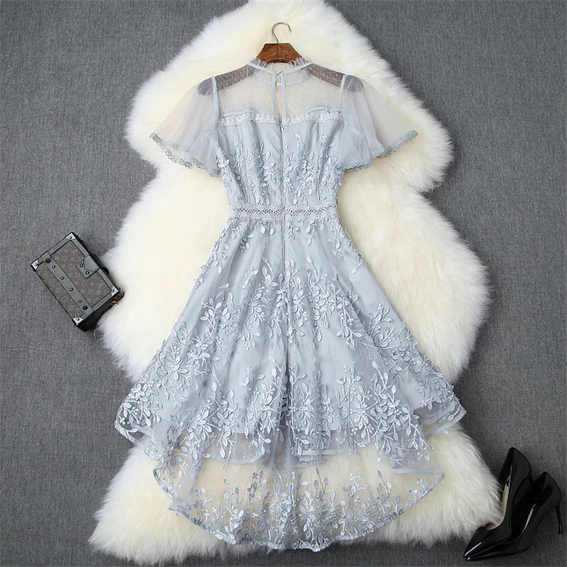 Summer Dresses Women Designer Butterfly Sleeves Transparent Beading Embroidery Asymmetrical Dovetail Tulle Party Dress Sexy