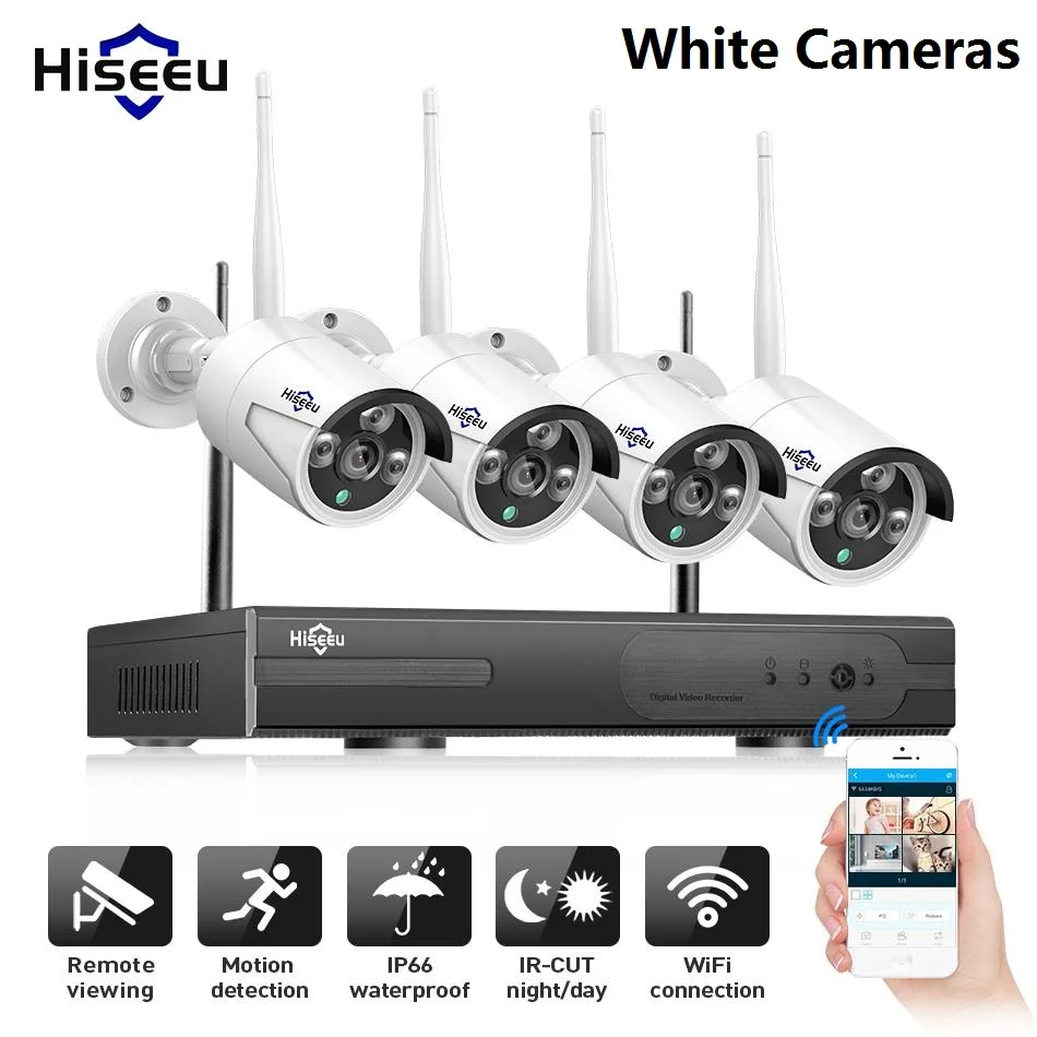 Hiseeu 4CH беспроводная камера безопасности Система 960 P ip-камера Водонепроницаемая наружная домашняя камера видеонаблюдения Система видеонаблюдения Комплекты видеонаблюдения - Цвет: White Cameras