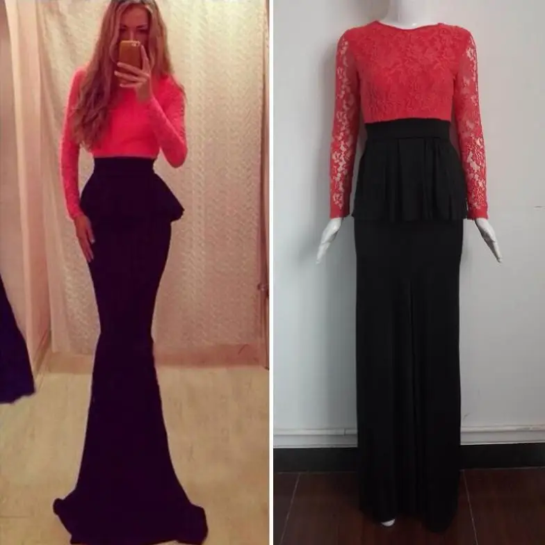 Women Lace Long Sleeve Round Neck Red Tops Splice Slim Black Evening Party Formal Dress Vestido De Festa DRES #67972|dresses spring|dress
