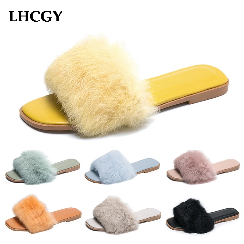 Женские шлепанцы Новинка 2019 года меховые ярких цветов женская обувь Вьетнамки