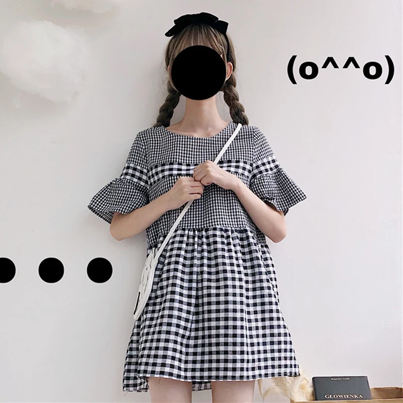 

Chic Casual Loose Summer Dresses Plaid Flare Sleeve O-neck Korean Girls Sweet Dress Fresh Mini A-line Dress Lolita Colleg Dress