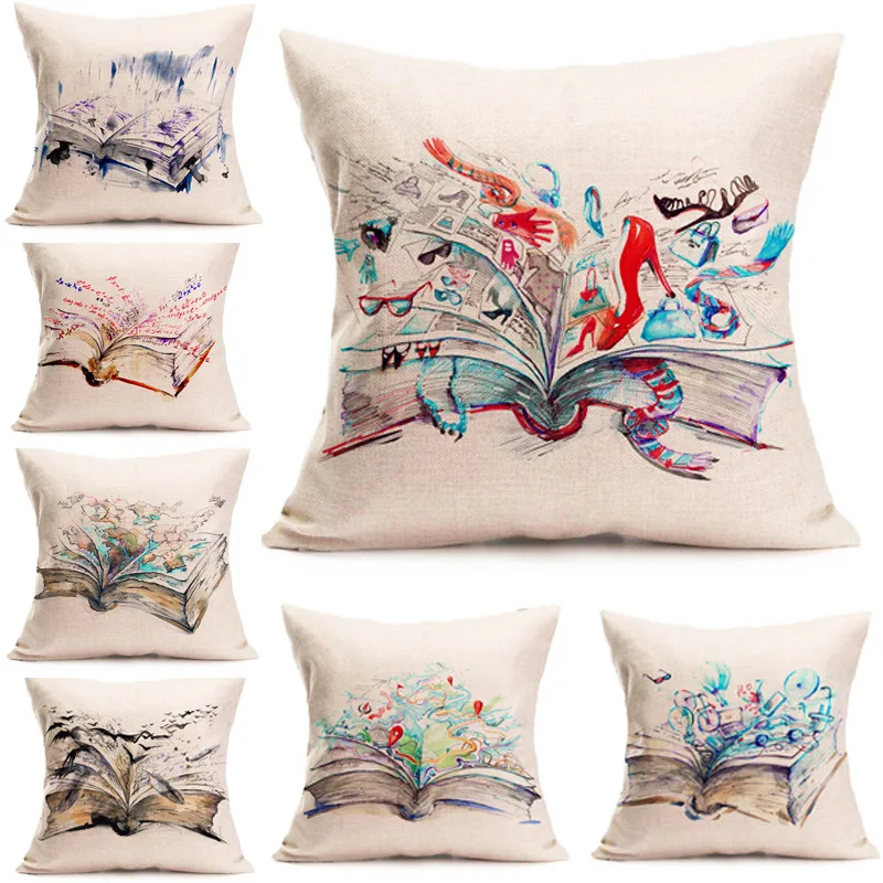 

The pattern of an open book linen pillow case and seat