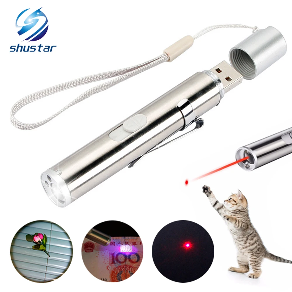 

Multifunctional Rechargeable LED Flashlight UV Torch Ultra Violet Light Laser pointer Funny cat toy Suitable for home, child