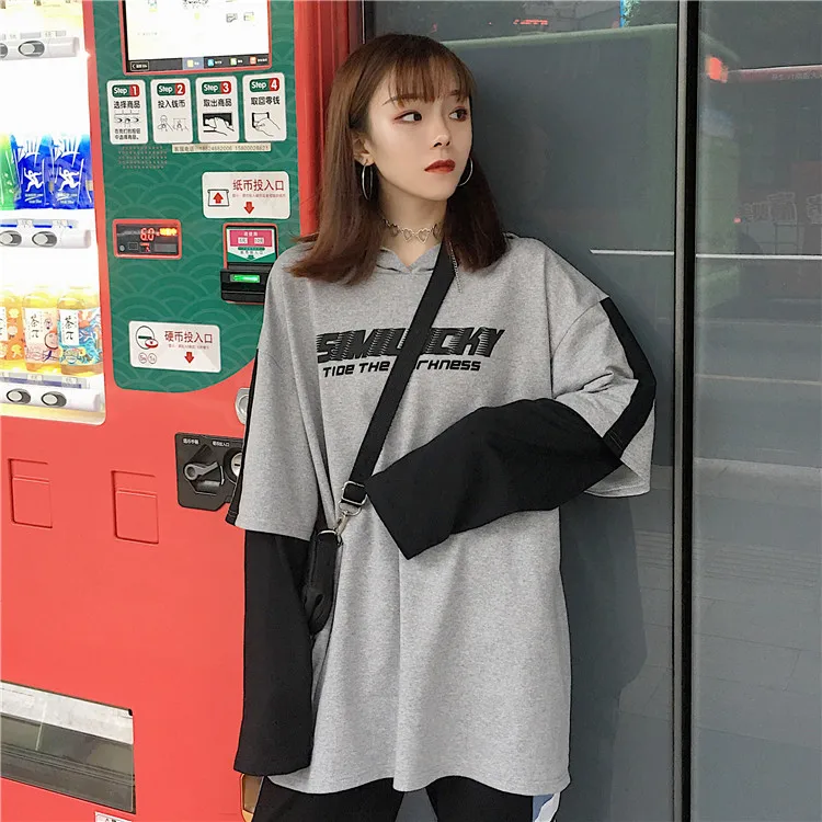 Осенняя модная футболка женские футболки корейские Ulzzang Harajuku с принтом имитация