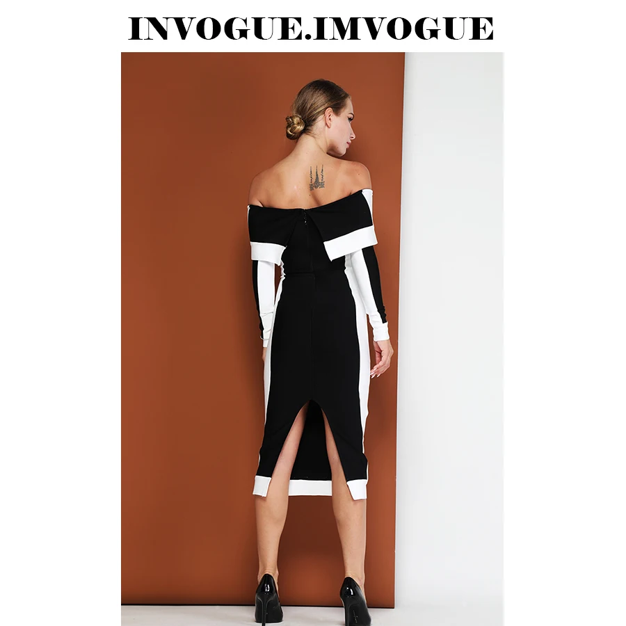 Женское платье с открытыми плечами INVOGUE Черное и белое Бандажное длинными