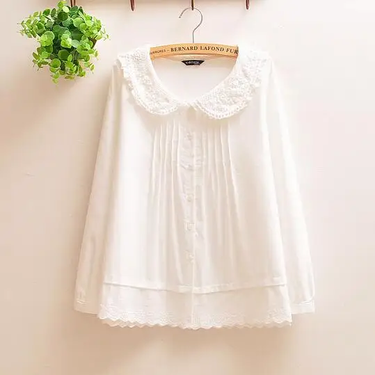 XS-4XL ---- Белая Кружевная блуза с длинными рукавами и воротником Питер Пэн mori girl WF871 |