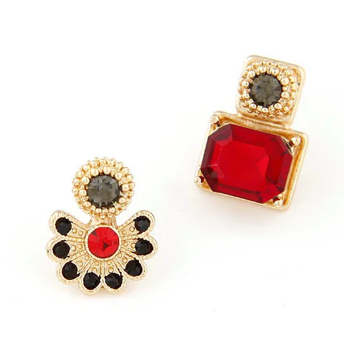 Exquisite Korean Fashion earrings sweet personality red flash diamond flower asymmetrical 8090jewelry.com | Украшения и