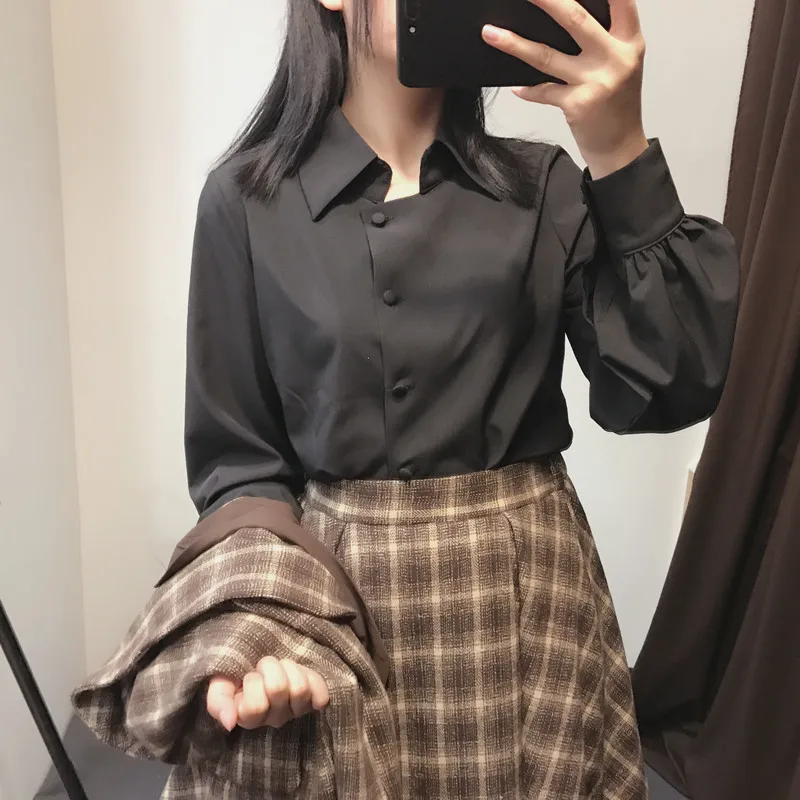 

Preppy Style Lolita Girls Gothic Black Shirt Spring Vintage Ladies Tops Loose Chin College Blouse Korea Fashion Clothing Top