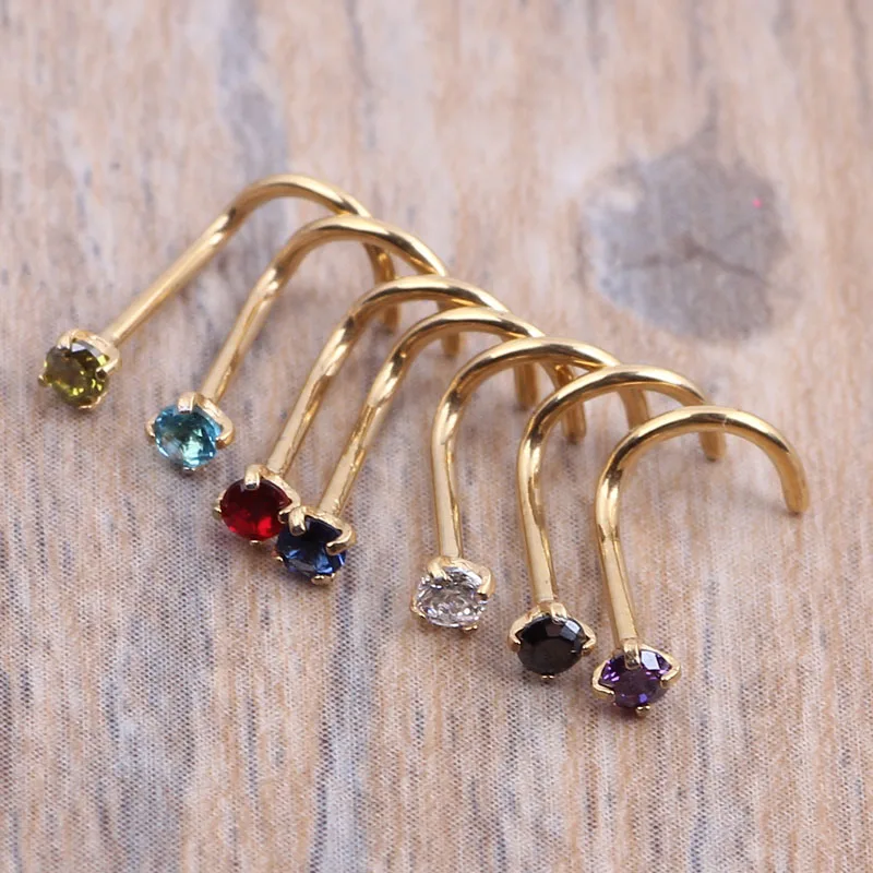 Фото Кольцо для пирсинга JUNLOWPY Crystal Gold Silver Zircon, винтовое, для носа, прозрачное, розовое, красное, фиолетовое, из изогнутой стали, 20G, 0.8 мм №2