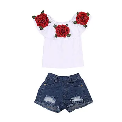 2019 New Fashion Baby Girls Rose off lshoulder white T-shirt 3D Flower Tops +Denim hole shorts Toddler Kids Outfits Clothes |