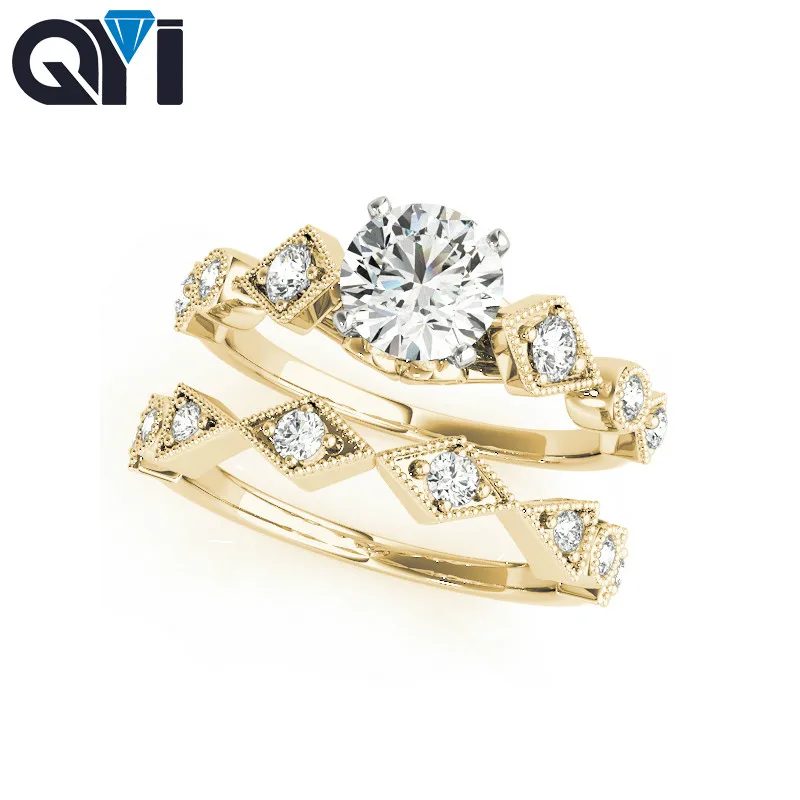 QYI Two Tone Solitaire 14K Engagement Ring Sets 14K Yellow Gold Round 0.5 Carat Moissanite Diamond Women's Wedding Ring