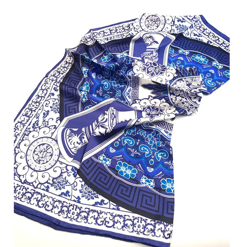 Большой квадратный шарф из 100% сатина синий и белый цвета шаль высокое качество