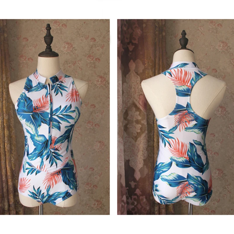 Сексуальный купальный костюм с высокой горловиной и тропическим листом ладони