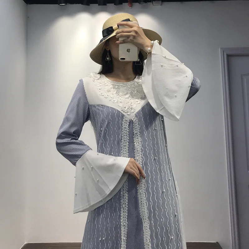 Fashion Gadis Muda Patchwork Renda Panjang Ramadan Wanita Muslim Gaun Malaysia Indonesia Wanita Kasual Pakaian 8006