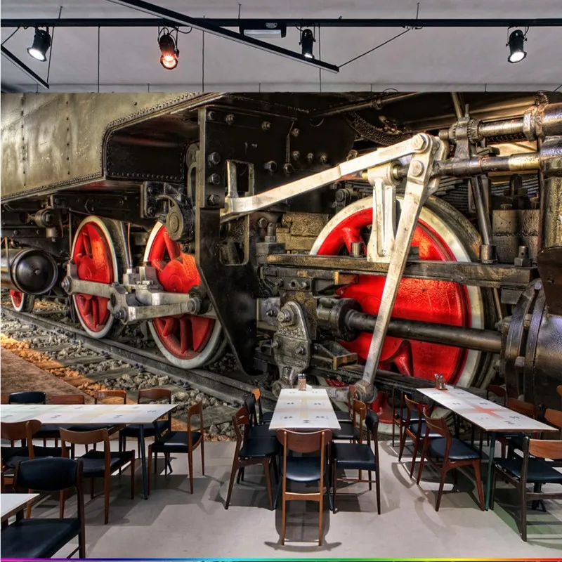 Фото обои ретро Ностальгический черный белый паровой поезд росписи на заказ кафе