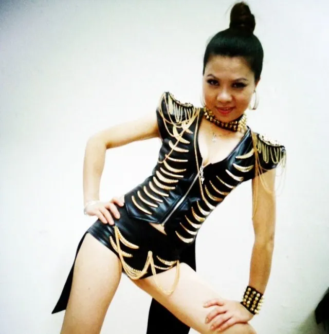 2016 черный кожаный боди на цепочке сексуальные атмосферные костюмы DJ певицы DS