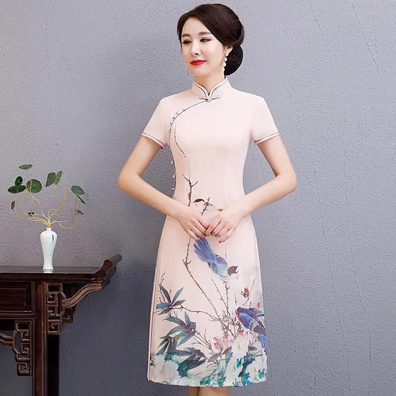 Женские летние короткие Cheongsam моды китайский стиль полиэстер платье по колено Qipao Тонкий платья для вечеринок Леди Vestido S-3XL - Цвет: 19016