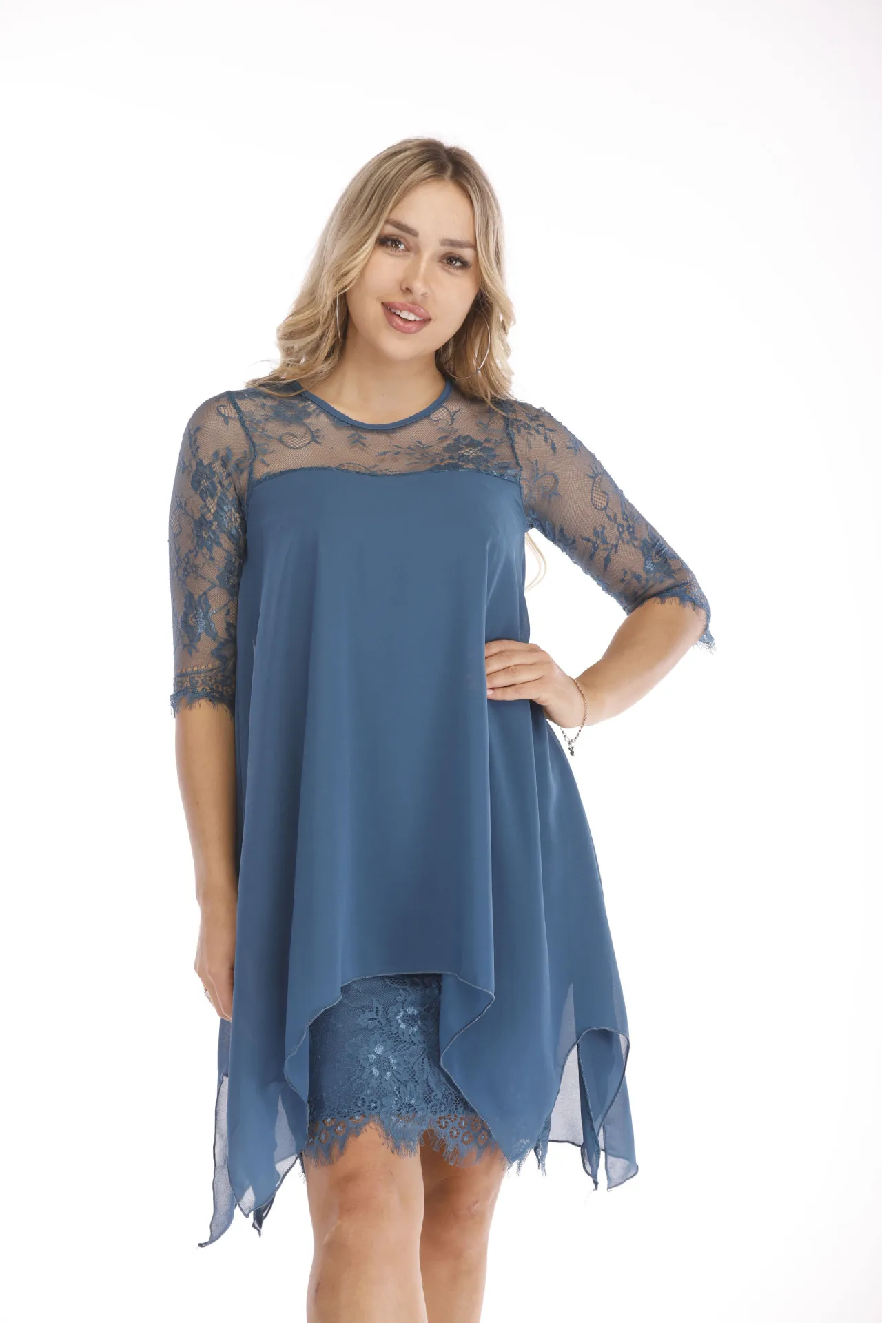 Denim Blue 15 цветов, женское модное кружевное платье, повседневное, свободное, рукав до локтя, элегантное платье с круглым вырезом, одноцветное, большой размер, 3XS-5XL, новинка - Цвет: Denim Blue
