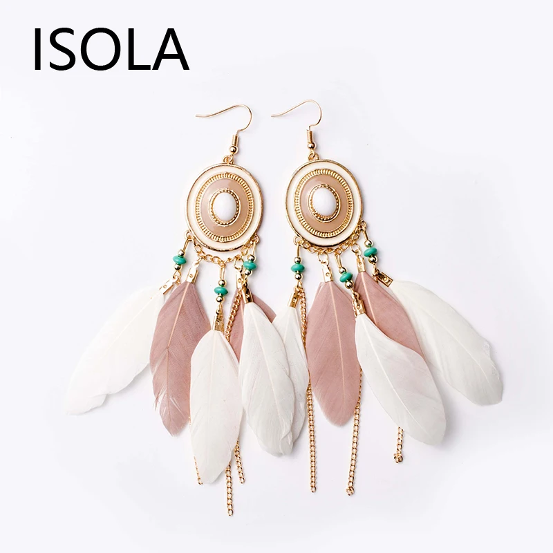 Круглые этнические серьги-кисточки ISOLA с перьями эффектные богемные серьги