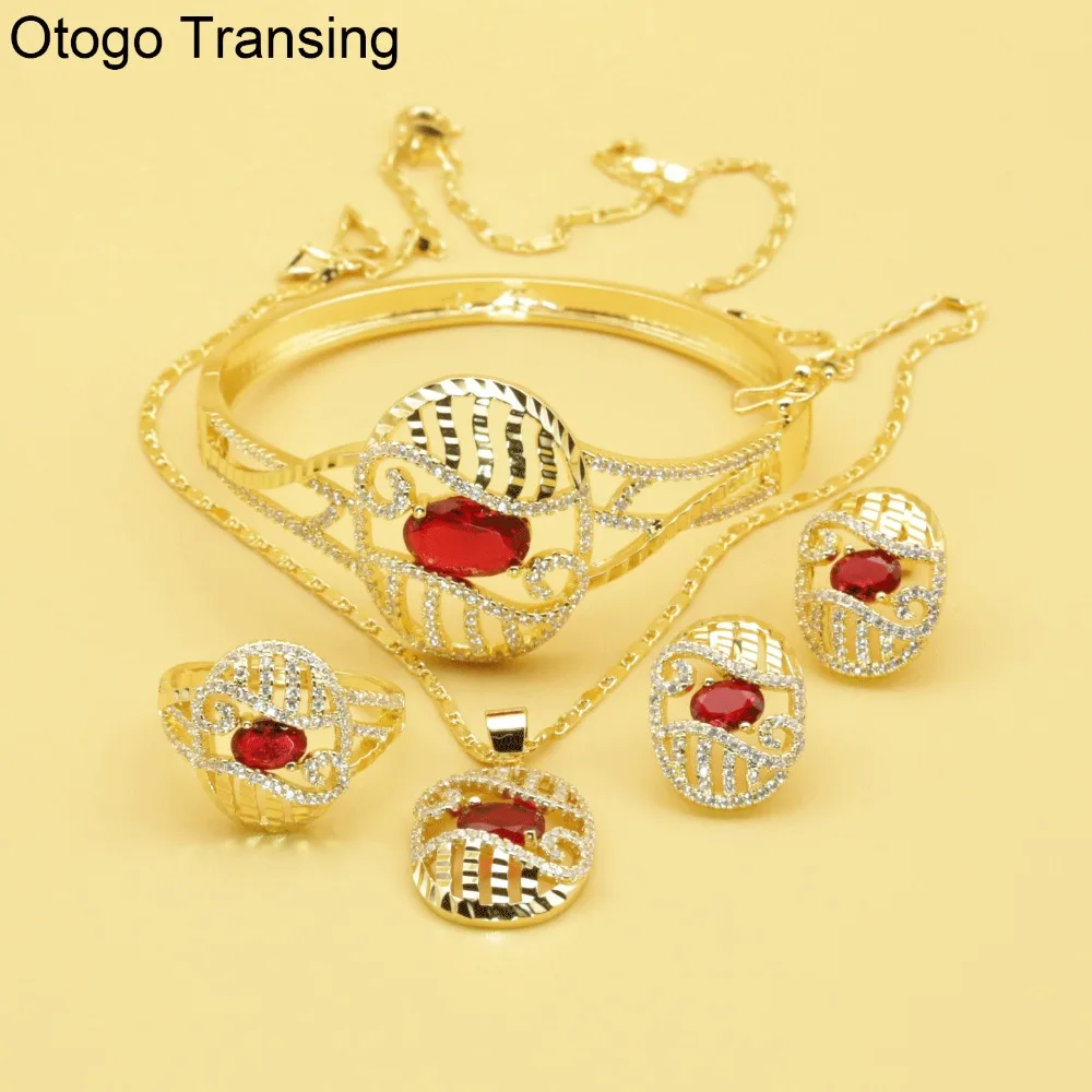 Otogo Transing кулон/серьги/браслет набор ювелирных изделий Золотой Цвет Красный