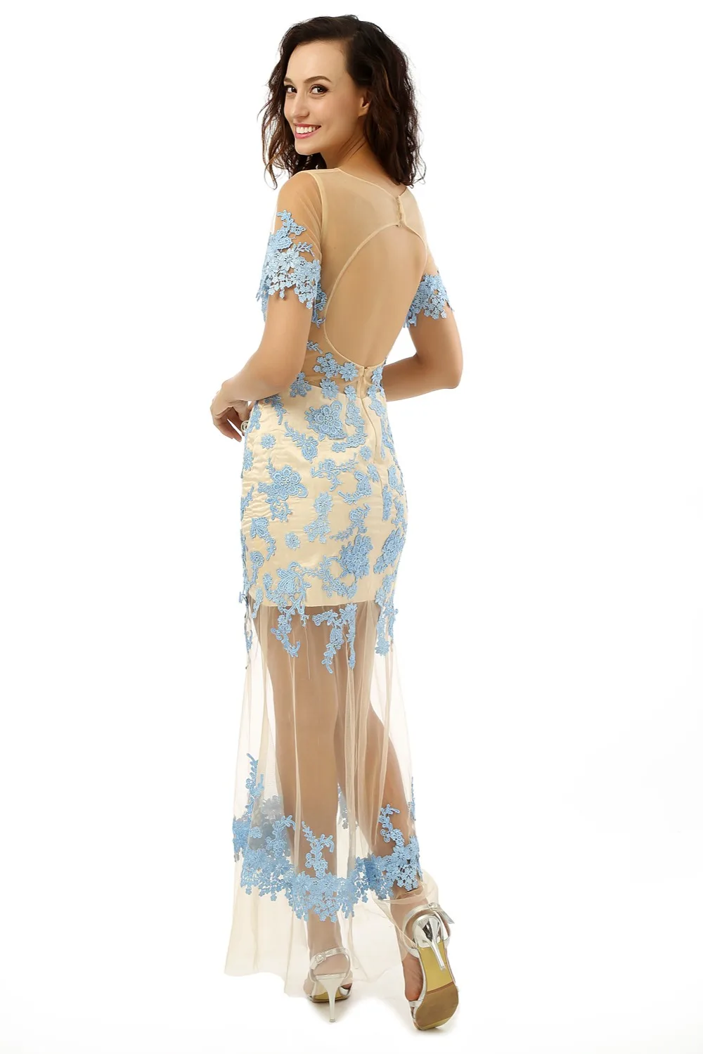 Небесно-Голубой Robe De Soiree Русалка Прозрачный тюль с кружевами длиной до лодыжки