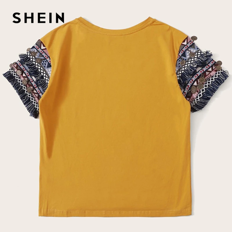 SHEIN, народный стиль, бахрома, отделка, Heathered Tee, Повседневная футболка, женская,, летняя, короткий рукав, эластичная, Boho, Милая футболка, топы