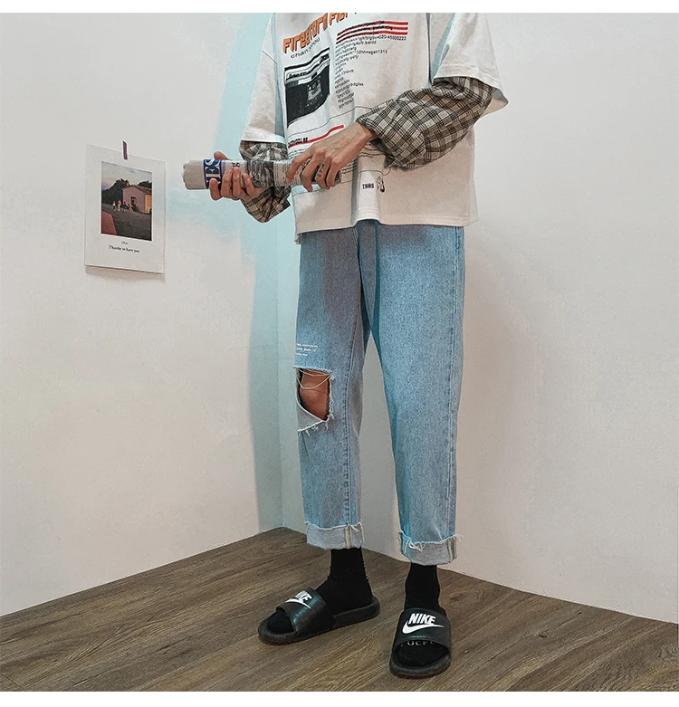 Корейский стиль, мужская мода, тренд, мешковатые мужские джинсы синего цвета, свободные брюки, джинсы с дырками и принтом, повседневные штаны, размер S-2XL