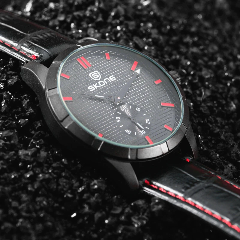 SKONE Для мужчин спортивные Повседневное черный кожаный кварцевые часы