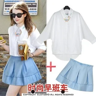 

new Spring Aumtun white shirt and bule skirts sets gil's sweet skirts suits