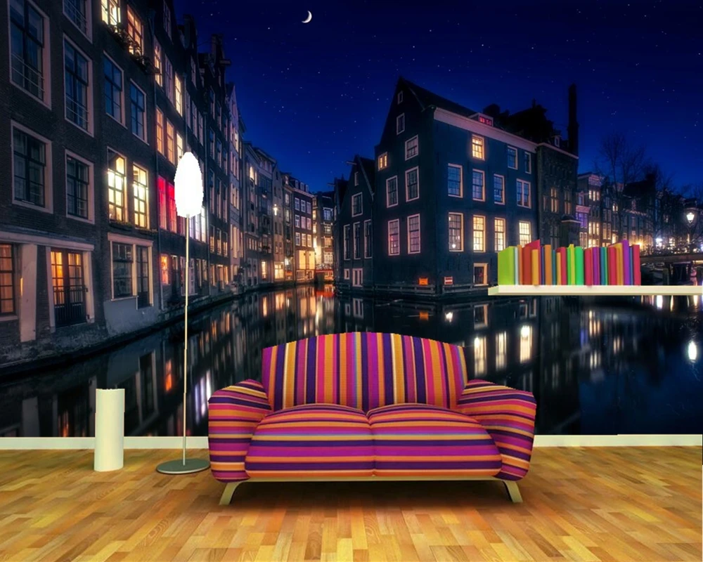 3d обои papel de parede Amsterdam House river city building Настенные для гостиной телевизора дивана