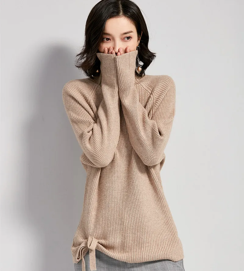 

Long Sleeve Turtleneck Pullovers Sweaters Women 2018 Spring Winte Cashmere Wool Solid Irregular Lace Up Sweaters Knitted Jumpers