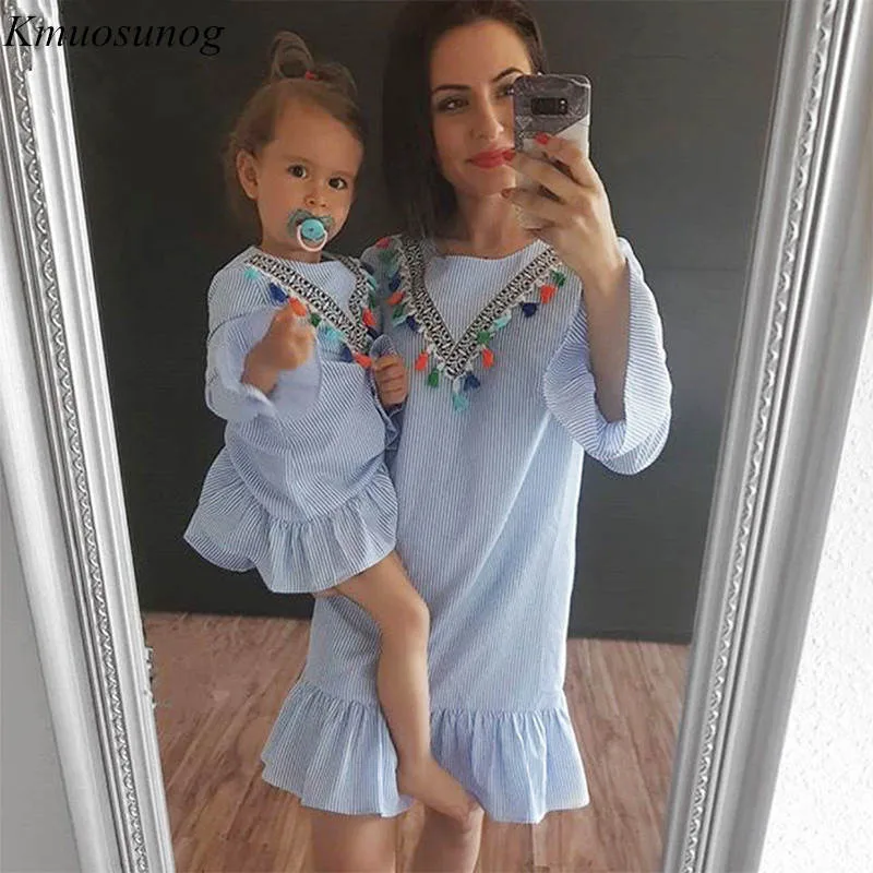 Mother and daughter dress 2019 Long Sleeve Stripe Tassel Mini Dress Mom Family matching outfits clothes C0335 | Мать и ребенок